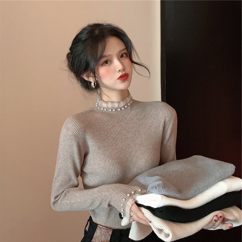 半高领毛衣蕾丝打底衫女内搭秋冬紧身花边钉珠长袖针织衫法式上衣