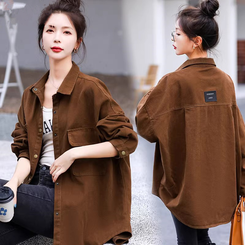 春秋2025欧货大版宽松牛仔衬衫女士双口袋休闲长袖上衣外套学院风