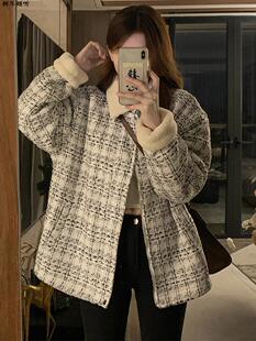 小香风羊羔毛绒格子外套女秋冬季中长款加厚两面穿棉服小个子上衣
