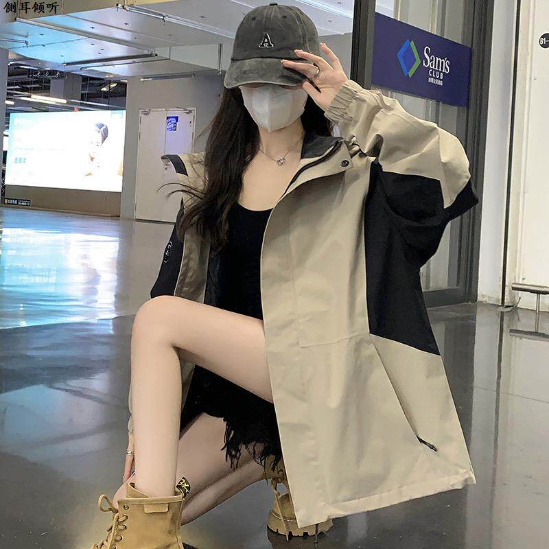 美式撞色连帽户外冲锋衣外套少女春秋学生登山服休闲夹克运动上衣