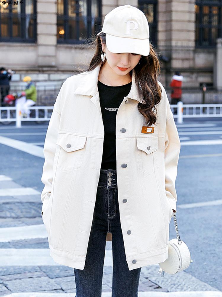 中长款白色牛仔外套女2025早春秋新款大版宽松胖mm大学生工装夹克