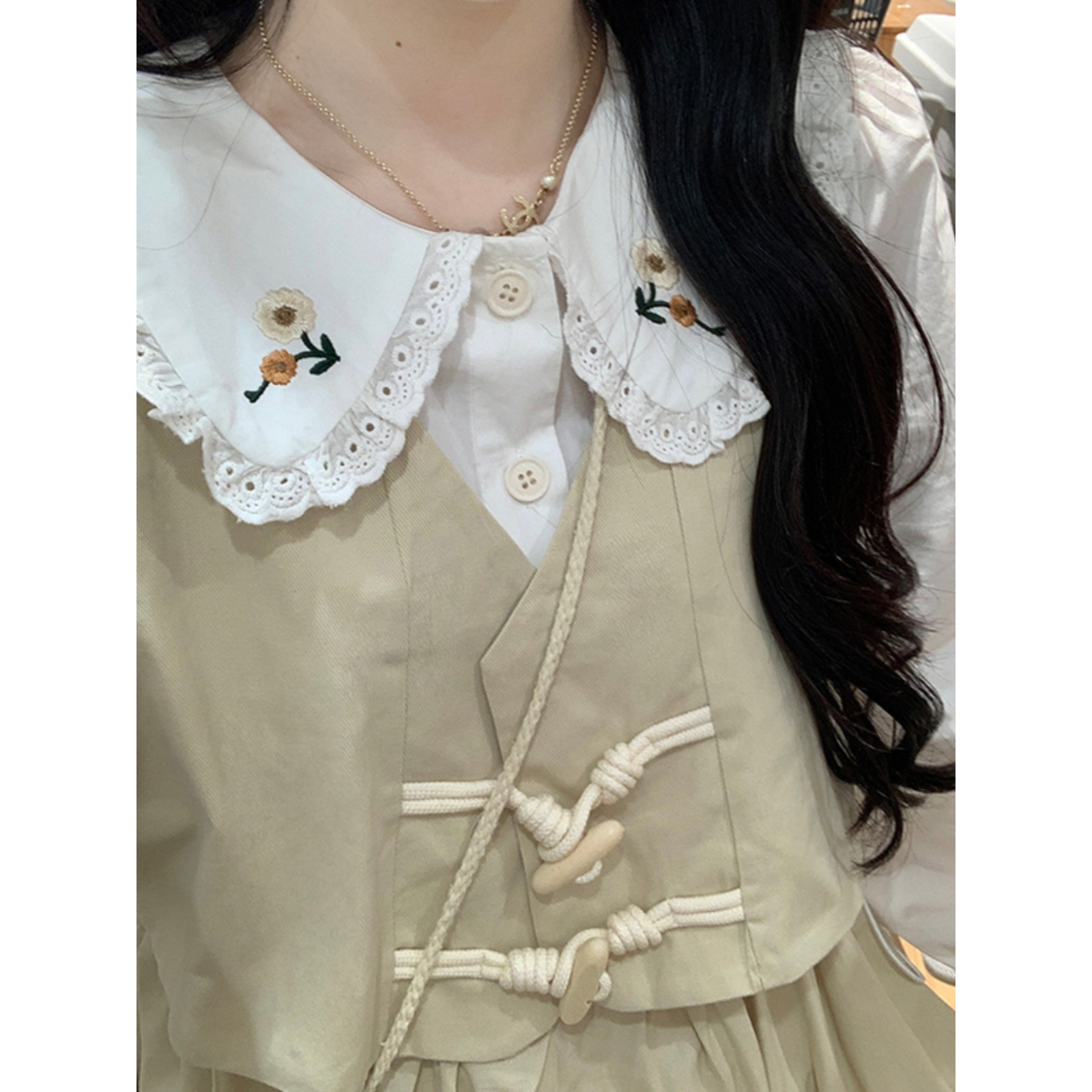 初中生可爱娃娃领中长裙秋2025新款少女高中学生甜美假两件连衣裙