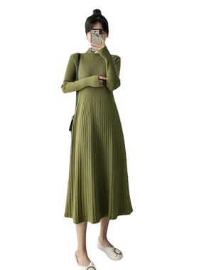 秋冬慵懒半高领长款宽松打底A字毛衣裙女神范衣服过膝针织连衣裙