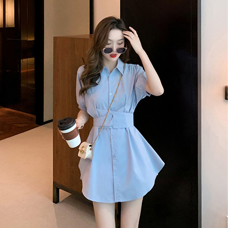 束腰短袖连衣裙女装夏装2025年新款设计感小众衬衫裙子两件套装裤