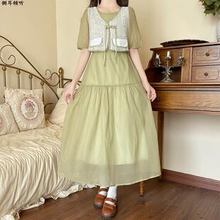 高中女生假两件甜美连衣裙夏2025新款初中学生文艺清新过膝中长裙