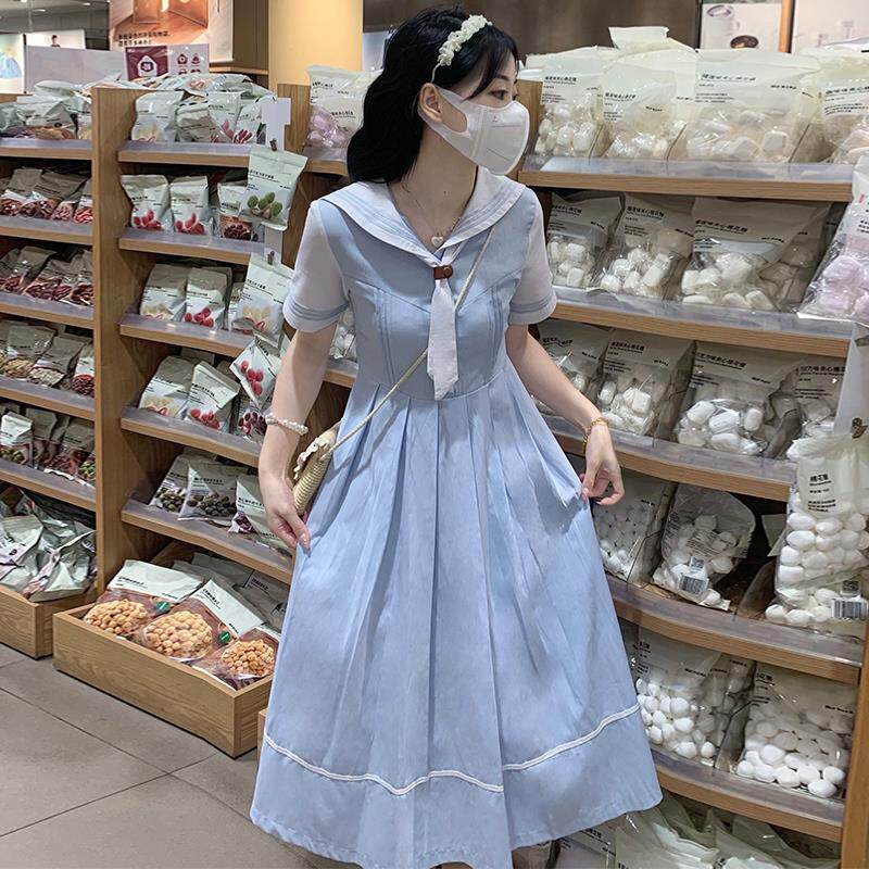 学院风海军领短袖连衣裙子夏季新款12岁大童13少女15初中学生休闲