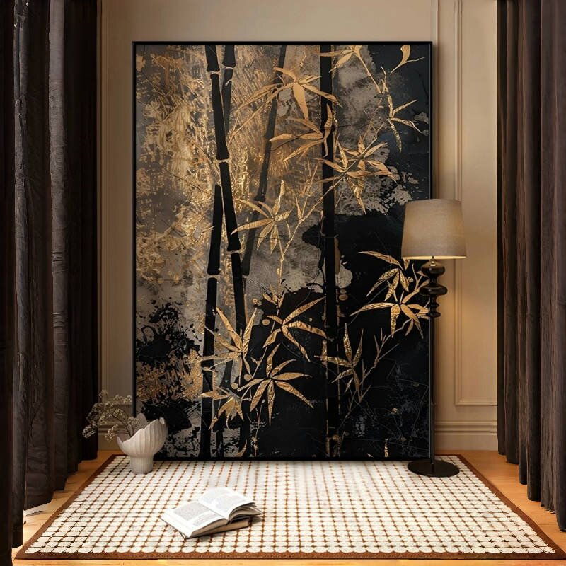 《金叶墨竹》中式中古风客厅墨竹装饰画玄关古典艺术挂画茶室挂画