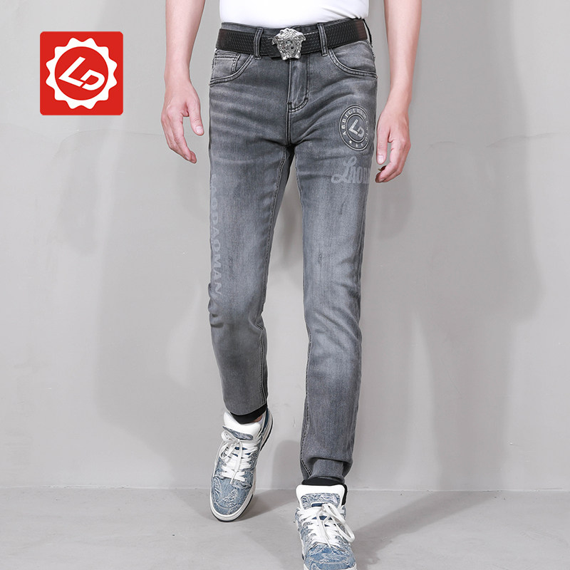 ca282唠叨牛仔男款夏季薄款灰色修身小脚潮牌字母男士休闲长裤子