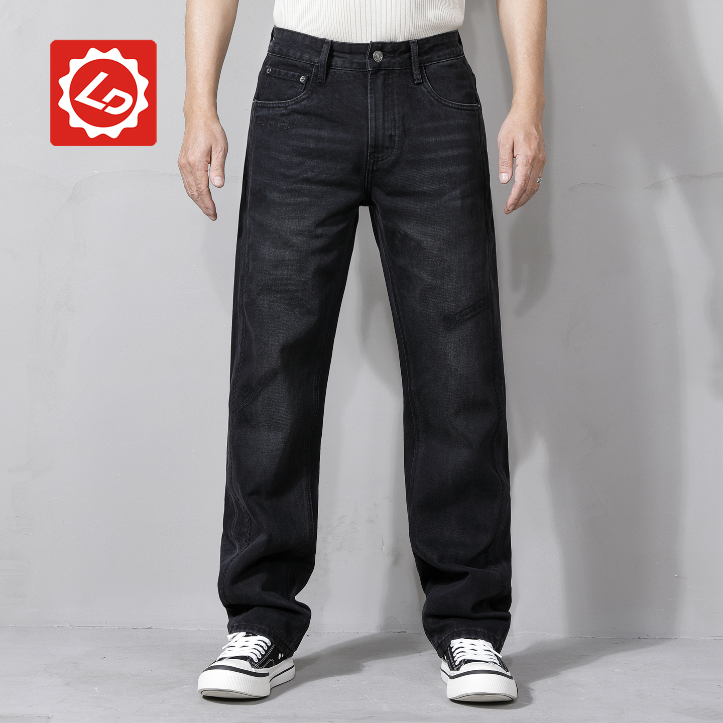 [宽直筒]EA5122唠叨牛仔秋冬季黑灰色刺绣拼接牛仔裤男士宽松潮裤