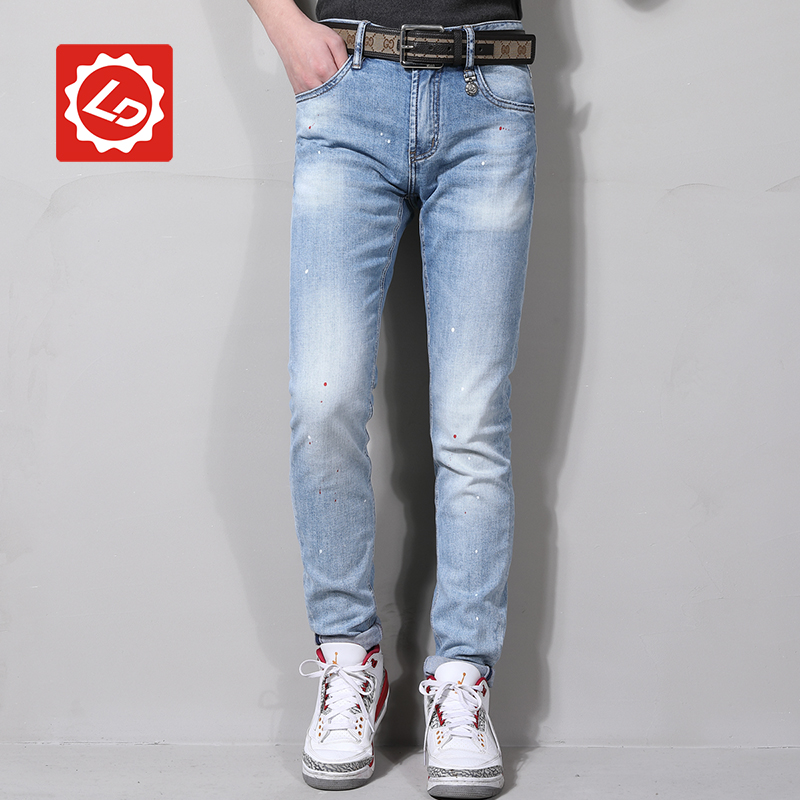 ca266唠叨牛仔夏季新品浅蓝手工漆点修身小脚牛仔裤微弹薄款男裤
