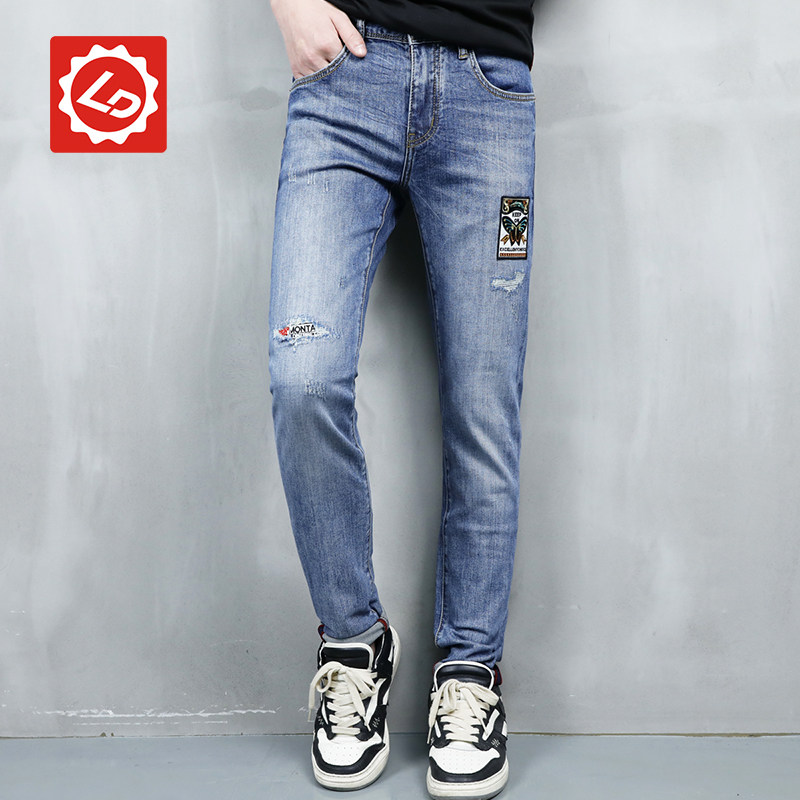ba163唠叨牛仔夏装新款男士贴标破洞补丁水洗小裤脚牛仔裤
