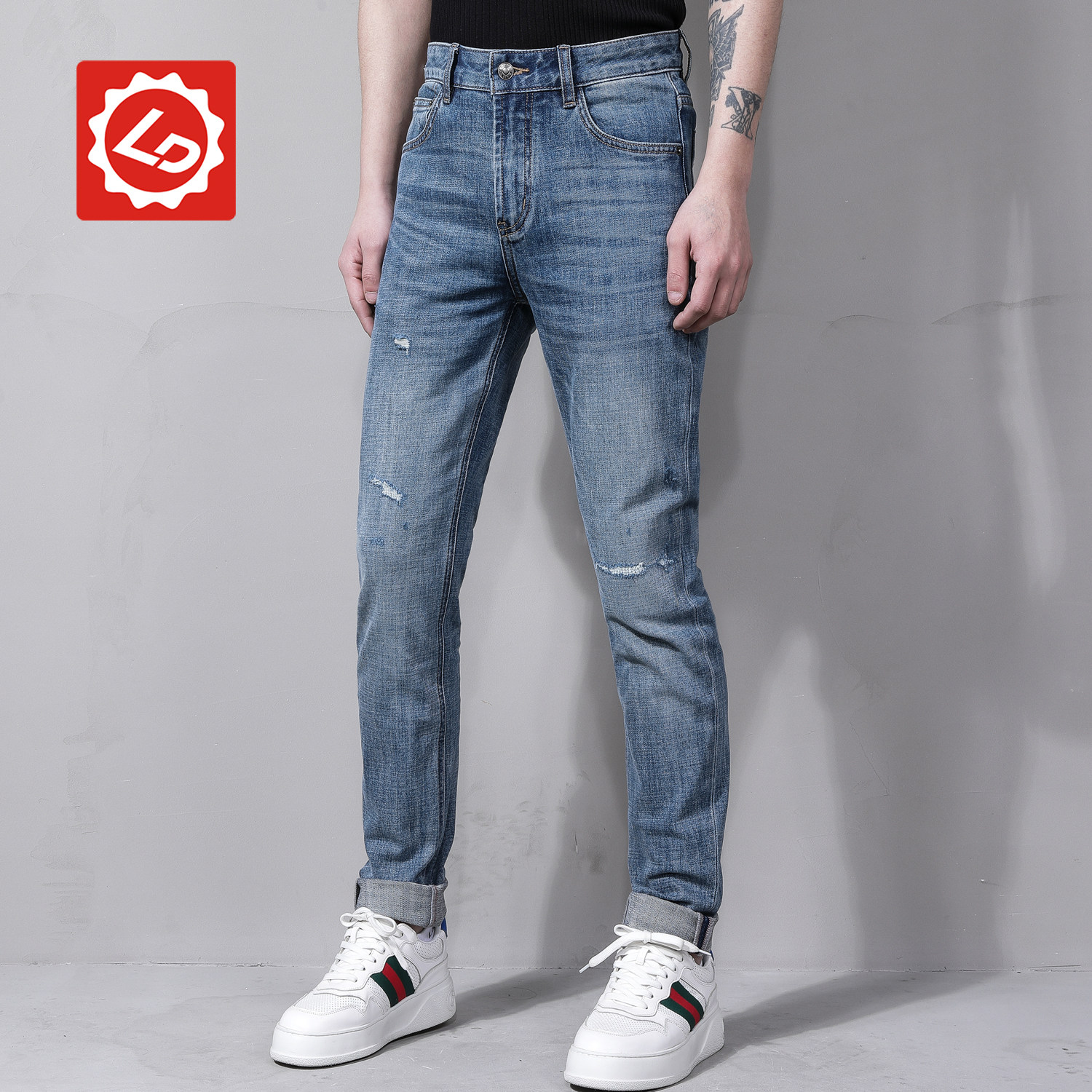 [小直筒]EA504唠叨牛仔修身小直筒破洞潮牛仔裤弹力青年长裤子男