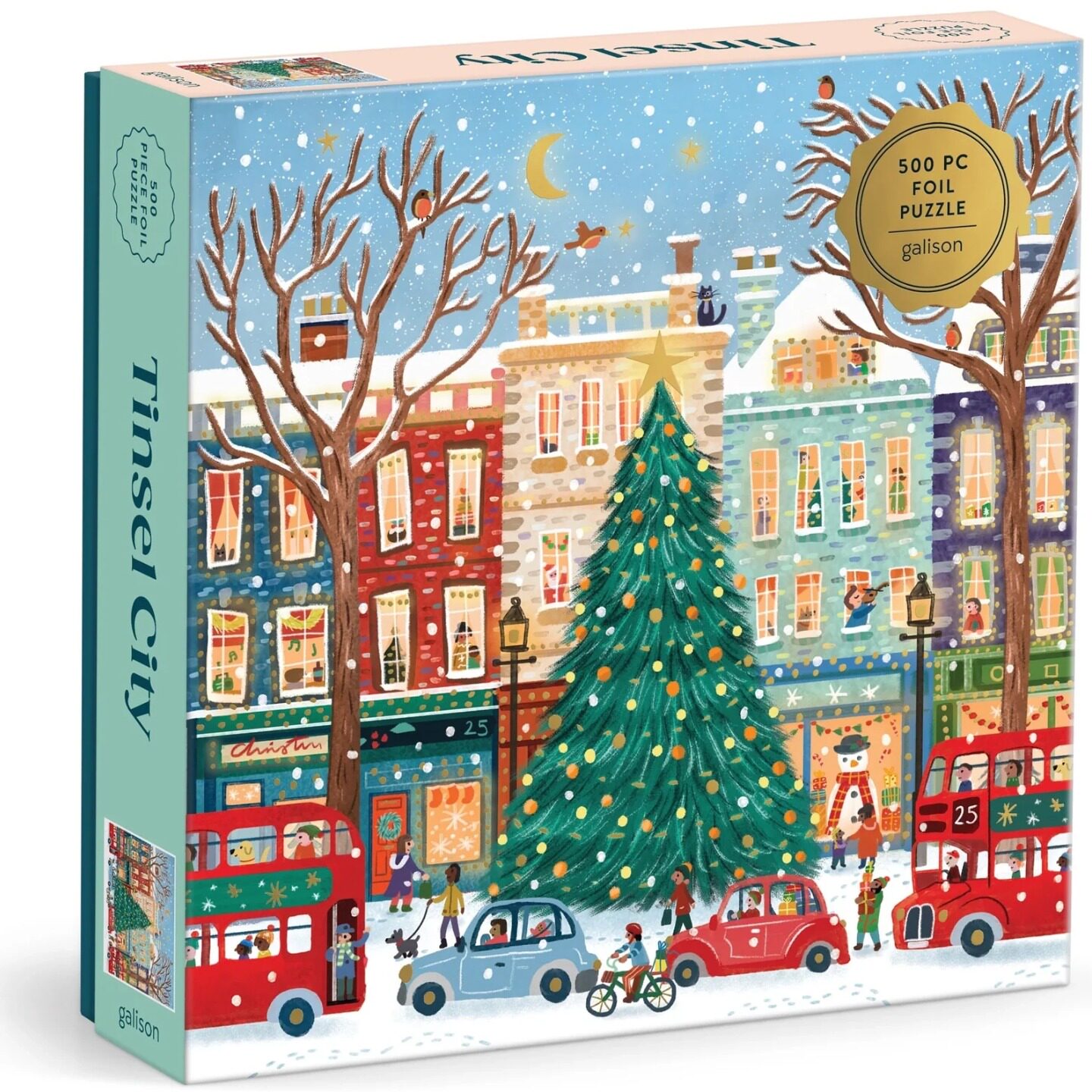 正品 美国Galison进口益智拼图85627闪亮城市 圣诞小镇500片金箔