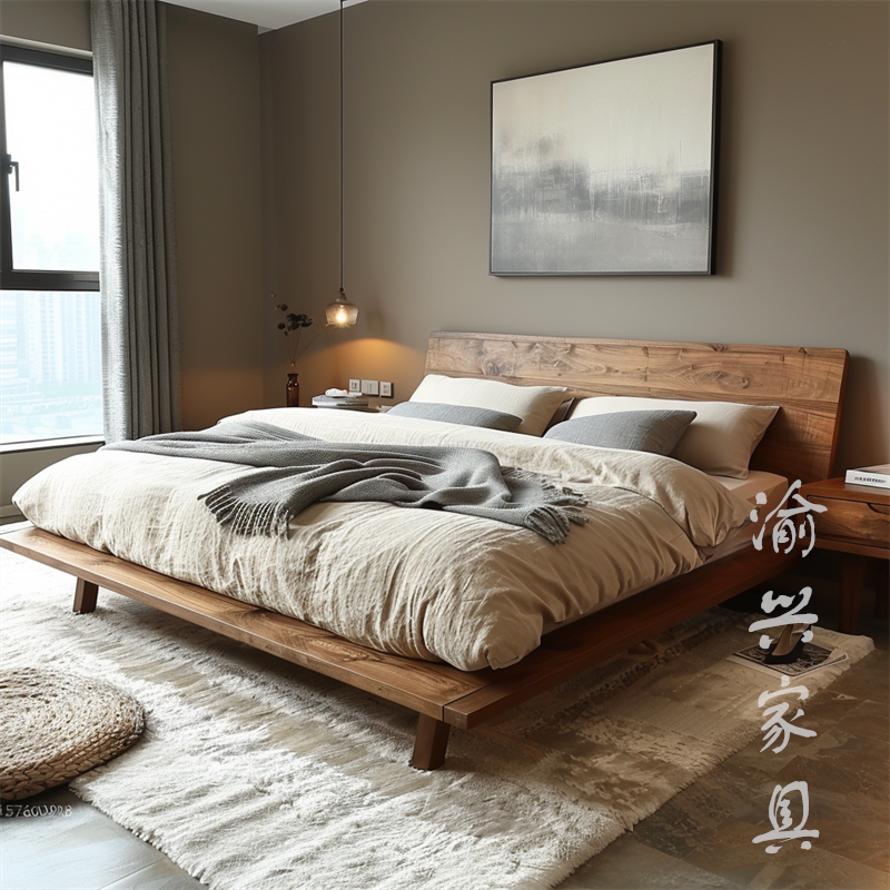 侘寂风实木双人床可订制民宿别墅卧室实木大床1.8M双人床+床头柜