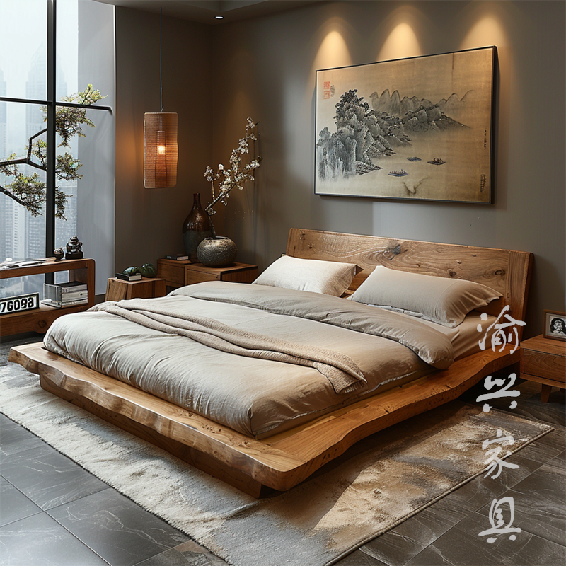 侘寂风实木双人床+床头柜