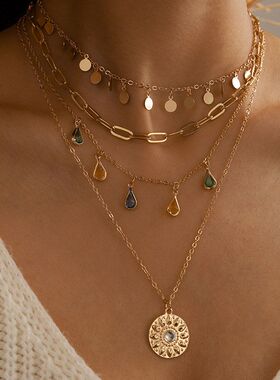 跨境新款几何圆片流苏颈链 合金流苏项链配饰女夏季吊坠叠戴项链