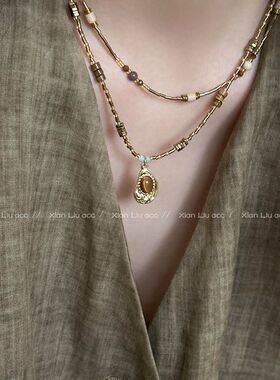 仿虎眼石吊坠串珠项链个性甜酷锁骨链女高级感复古美式颈链配饰