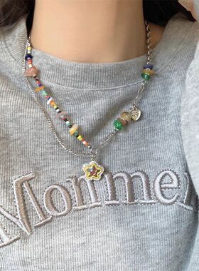 彩色串珠石头拼接项链女甜酷辣妹风笑脸星星颈链轻奢高级感锁骨链