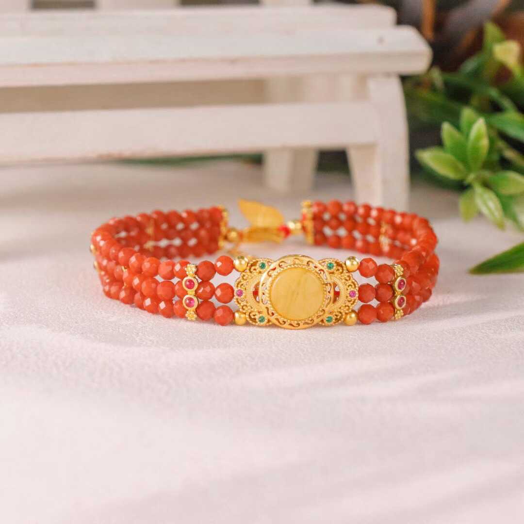 天然南红玛瑙环DIY原创设计款南红切角蜜蜡编织款