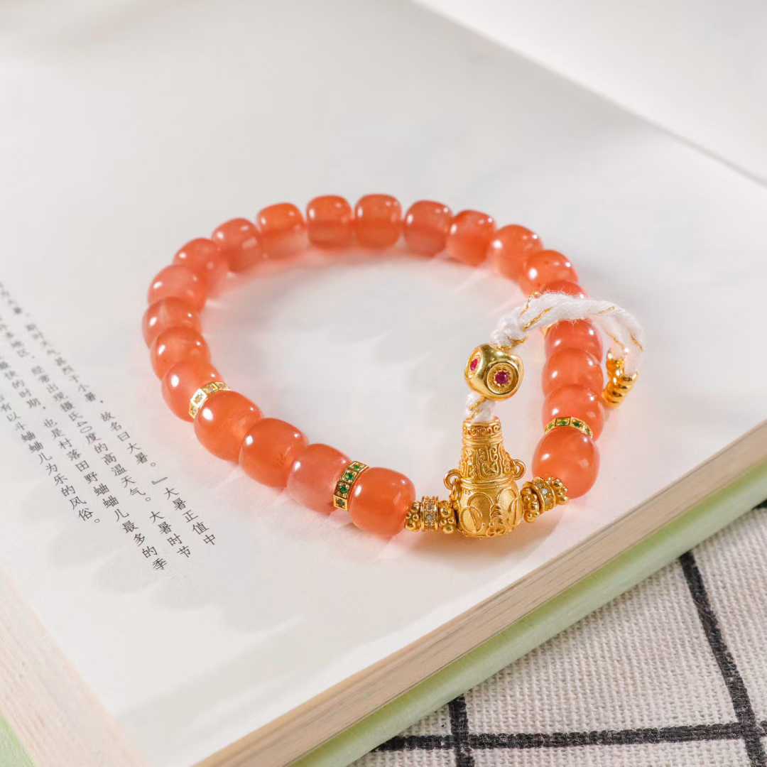 国风桃花南红手串原创DIY樱桃红六字真言三通款