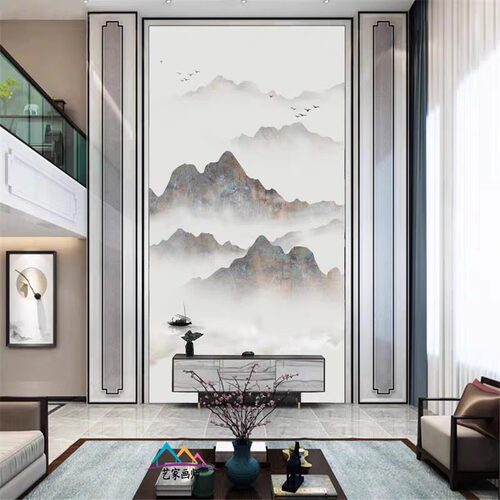 中式山水别墅挑空客厅背景墙岩板