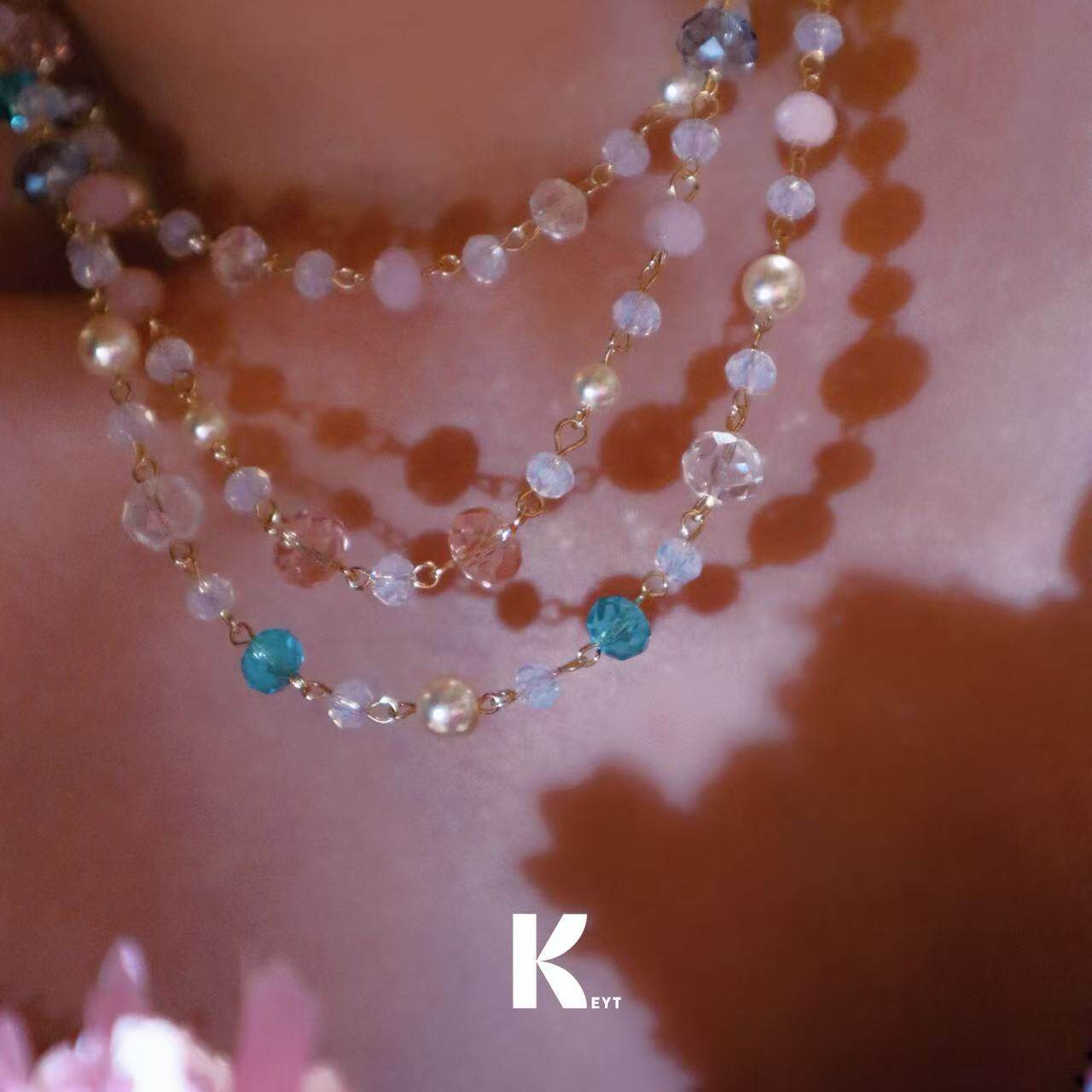 KEYT自主设计小众三层彩晶花语切割波动氛围感多层项链