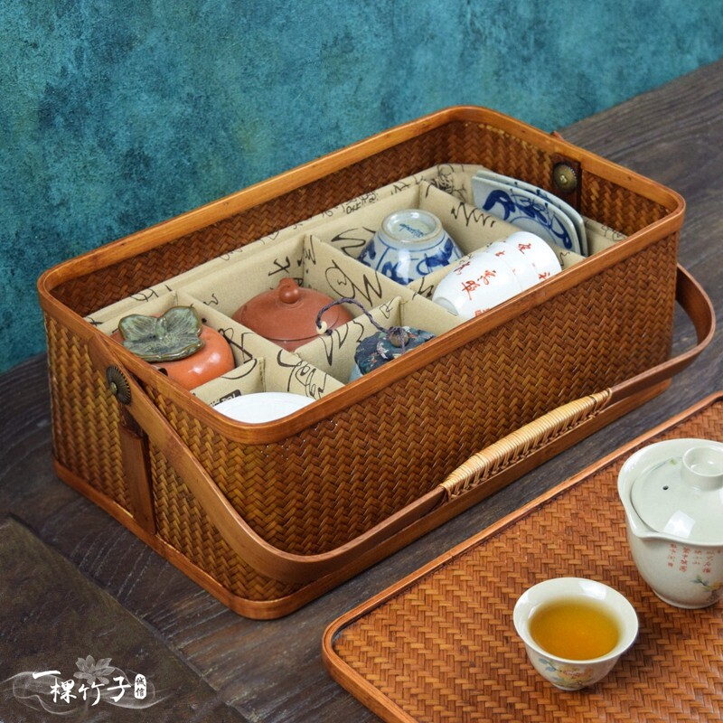 覆古竹编茶具收纳盒户外茶具茶箱桌面收纳篮旅行茶盒茶杯提篮防尘