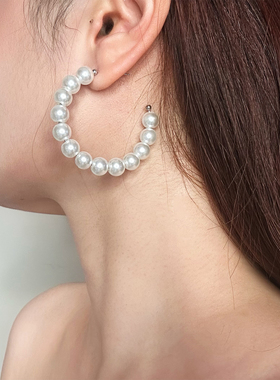 复古大圈珍珠C型耳环女高级感耳圈方圆脸显脸小气质耳饰S925银针