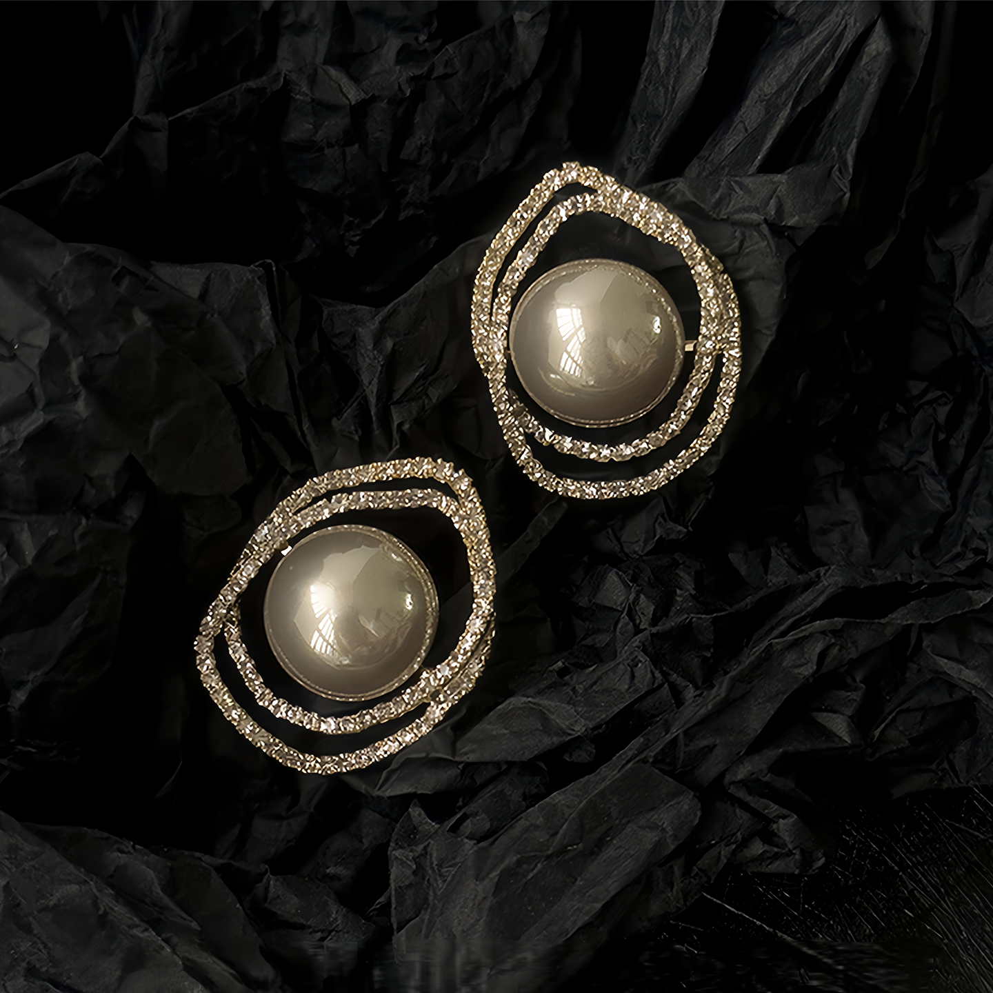 法式复古不规则镶钻珍珠圆形耳钉