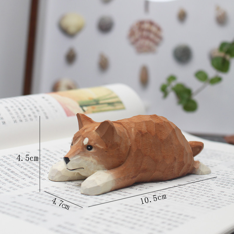 chumfun 趴姿木雕小柴犬摆件秋田犬桌面装饰礼品创意礼物送朋友