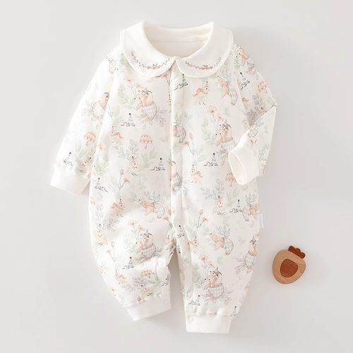 秋冬新生儿加棉连体衣薄棉无骨女宝宝暖气房内穿哈衣爬爬服外出服