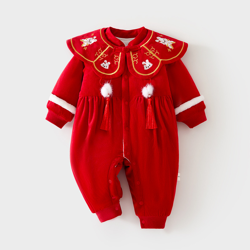 婴儿喜庆风连体衣周岁宝宝夹棉秋冬外出哈衣大红色花瓣领拜年爬服