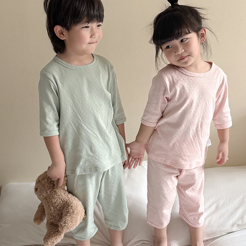 儿童睡衣薄款纯棉a类男童女童七分袖夏季套装宝宝空调家居服夏装