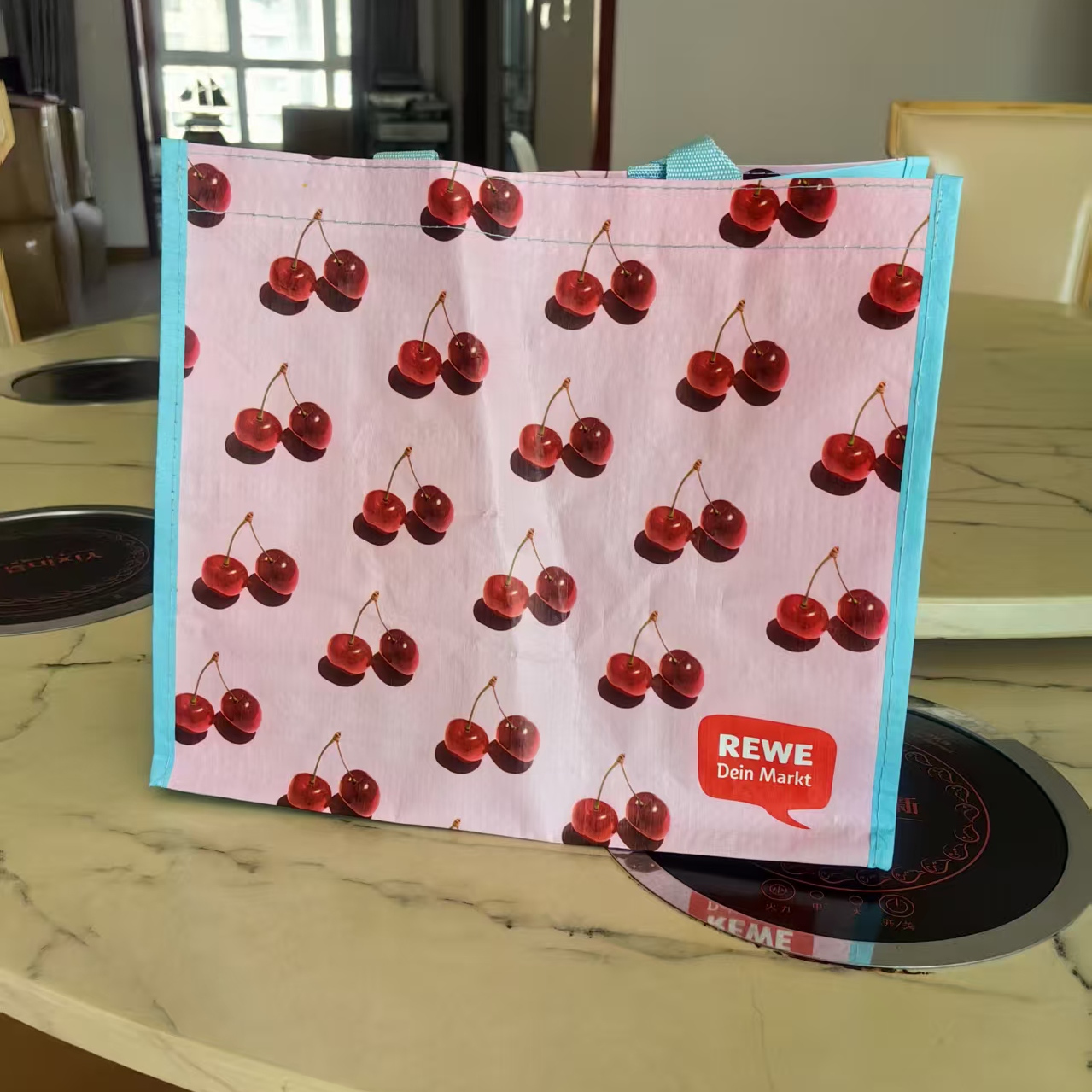 美爆了 粉嫩樱桃编织袋超市购物袋单肩手提袋环保袋家居收纳袋