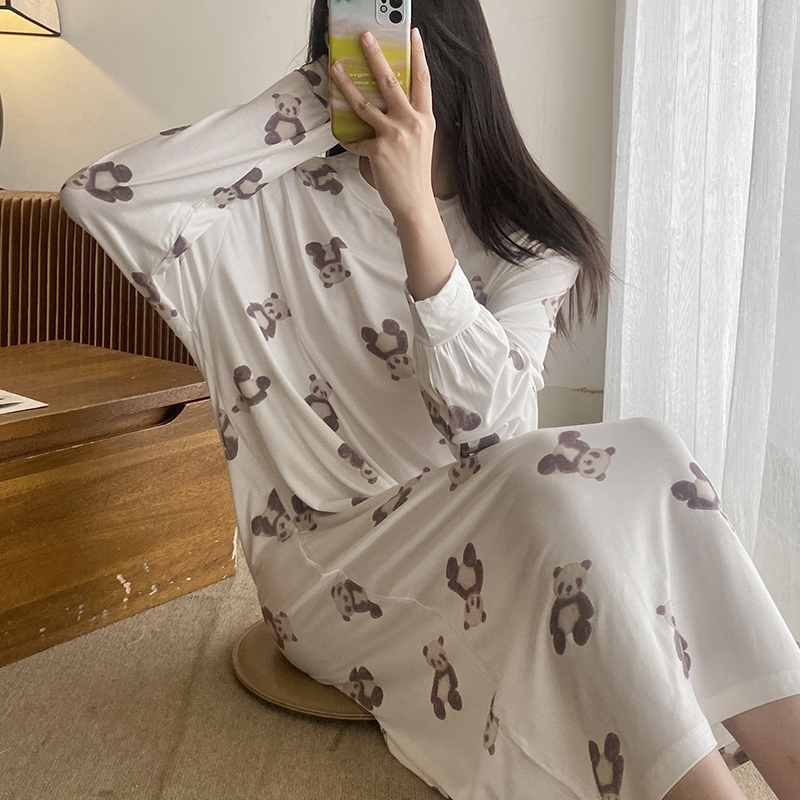 熊猫卡通长袖睡裙女士春夏季