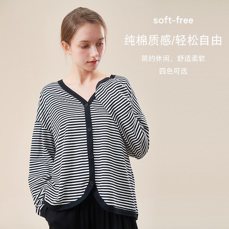 여성 봄과 가을 새로운 얇은 홈웨어 재킷 탑을 위한 심플하고 다재다능한 스트라이프 V 넥 긴팔 코튼 가디건