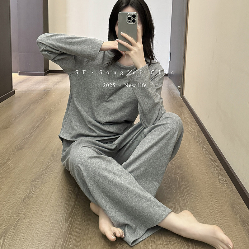 带胸垫磨毛睡衣套装保暖宽松秋冬