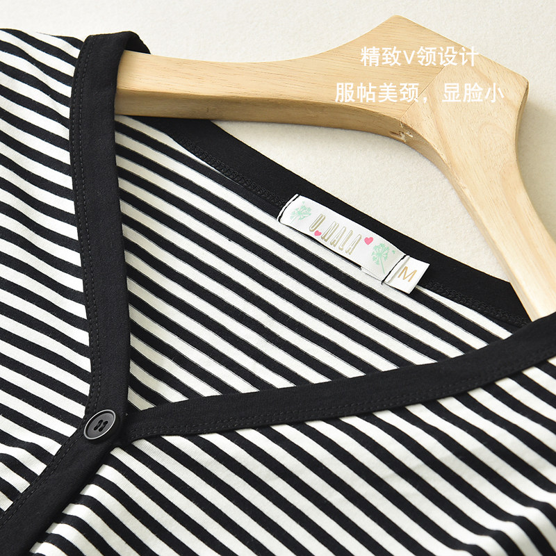 여성 봄과 가을 새로운 얇은 홈웨어 재킷 탑을 위한 심플하고 다재다능한 스트라이프 V 넥 긴팔 코튼 가디건