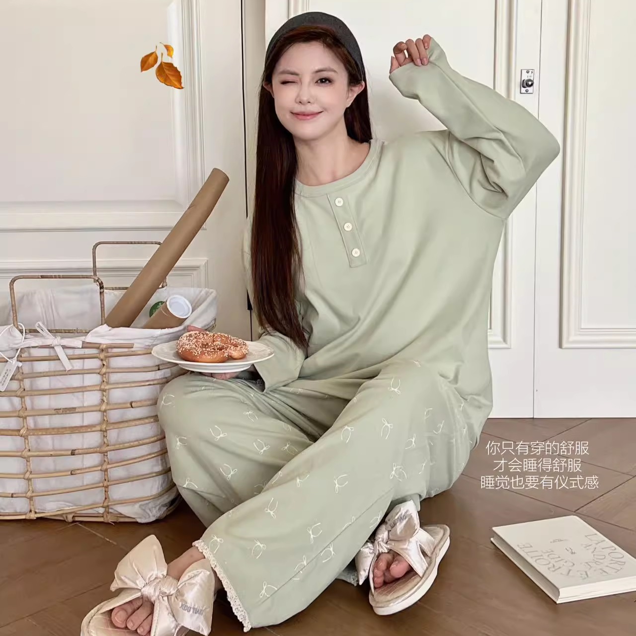 蕾丝圆领磨毛家居服套装可外穿