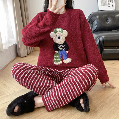 小熊半边绒加厚睡衣女秋冬季