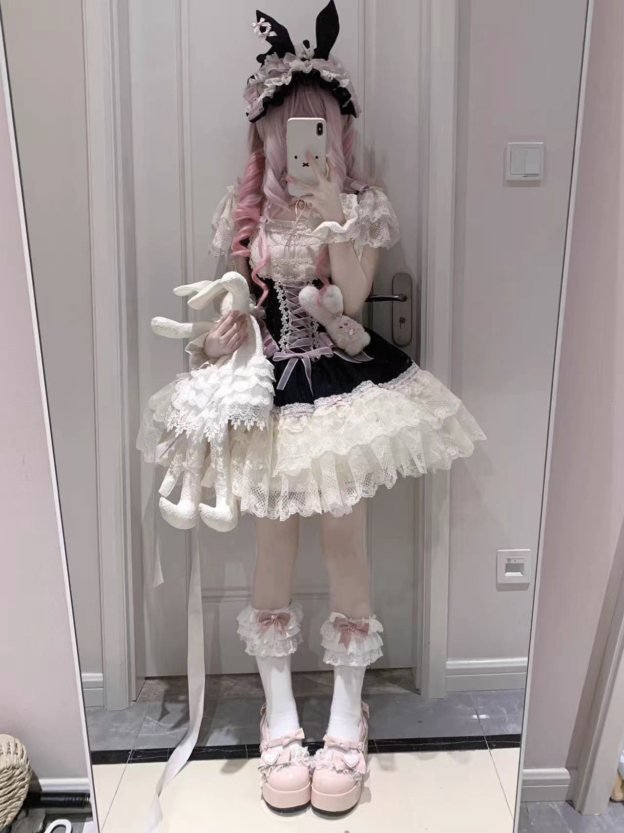现货晚安爱丽丝包邮jsk收腰Lolita鱼骨纯色古早可爱连衣裙