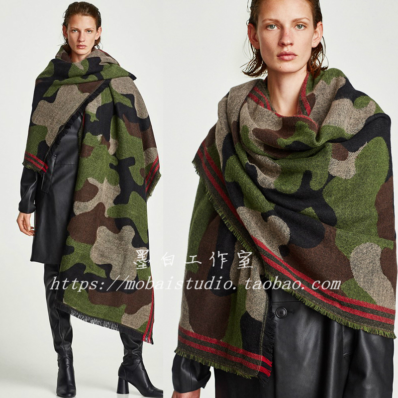 欧美风军绿色迷彩仿羊绒围巾披肩