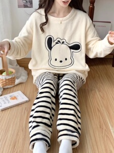 红豆珊瑚绒睡衣女冬季2023新款加绒加厚帕恰狗法兰绒大童学生女孩