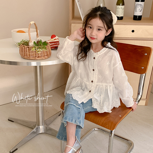 新款 宝宝时髦长袖 蕾丝花边衬衫 上衣韩版 儿童衬衣 2024春装 女童法式