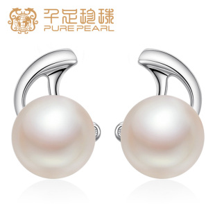 千足珠宝月蕥正圆光洁强光7 7.5mm淡水珍珠银耳钉耳饰首饰