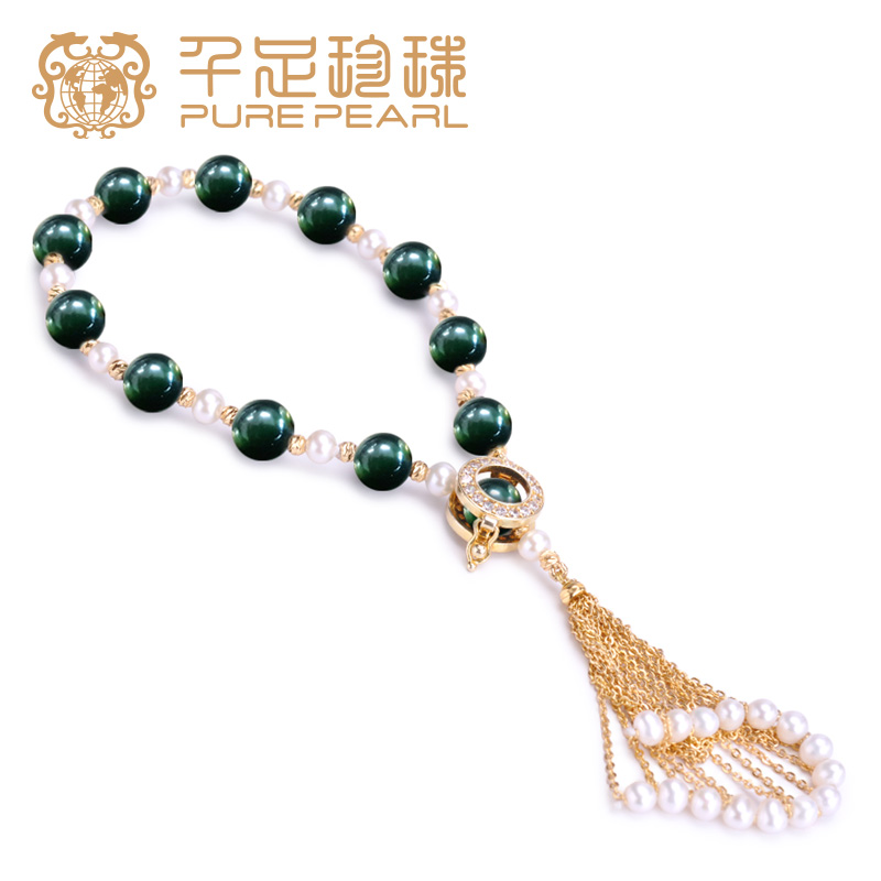 千足珍珠 “珠联璧合”系列之半卷珠帘4.5-8mm合金配蛇纹石手链