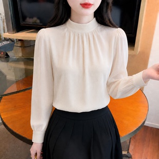 2026早秋法式立领雪纺衫女士高级感蕾丝泡泡长袖时髦甜美衬衫