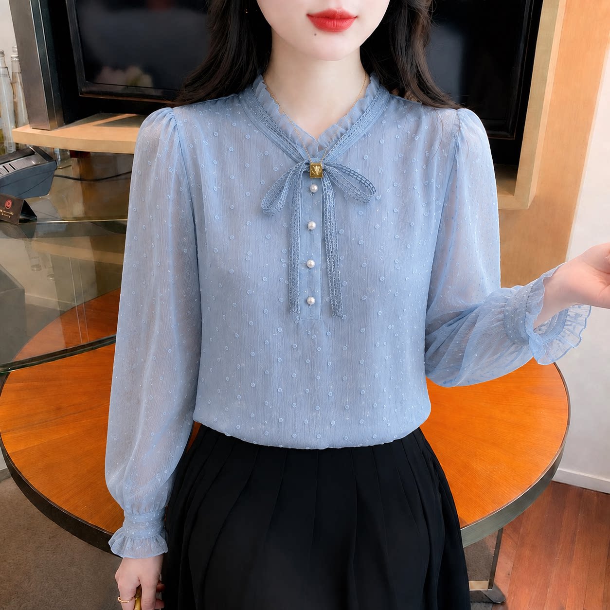 2026春秋法式木耳边立领系带衬衫女士泡泡长袖减龄别致显瘦雪纺潮