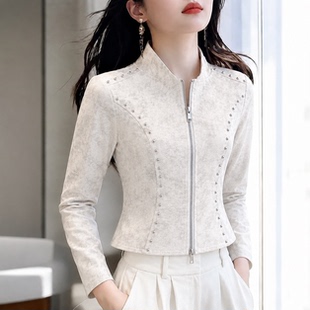 2026新款美式复古扎染双拉链长袖卫衣女士小个子时髦修身显瘦上衣