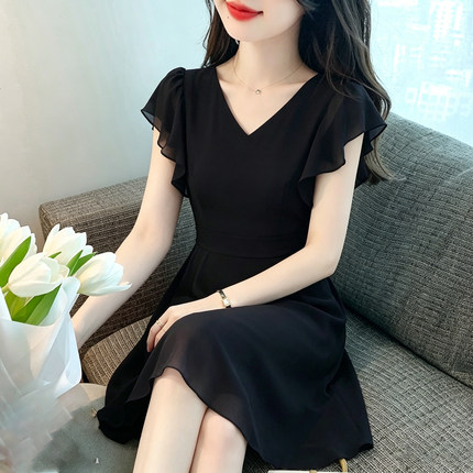 夏V领短袖雪纺连衣裙女士高级感时尚气质裙子小个子收腰显瘦A字裙